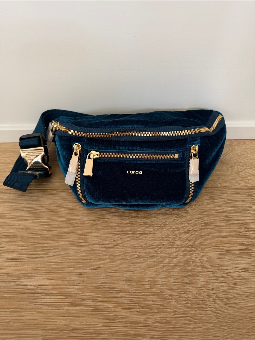 caraa Teal Velvet Crossbody Belt Bag with Gold Hardware